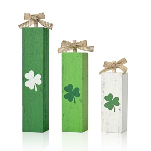 Smile St.Patrick's Day Wooden Block Decor Set of 3 Shamrock Tabletop Ornaments for Home Shelf Mantel Decoration - style: St.