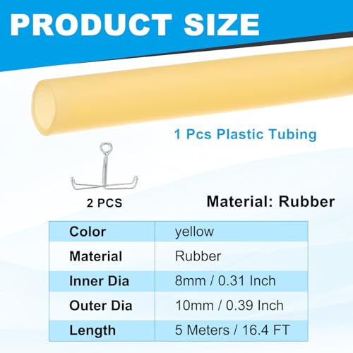 PATIKIL Rubber Tubing, 8mmx10mmx5m Tubing Tube with Hose Clamps, Soft Hose Line Pipe for Multipurpose Industrial Aquarium, Yellow - size: 8mmx10mmx5m