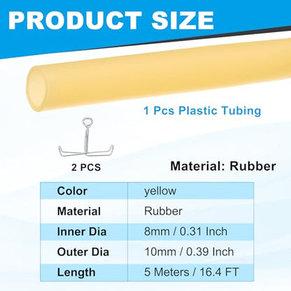 PATIKIL Rubber Tubing, 8mmx10mmx5m Tubing Tube with Hose Clamps, Soft Hose Line Pipe for Multipurpose Industrial Aquarium, Yellow - size: 8mmx10mmx5m
