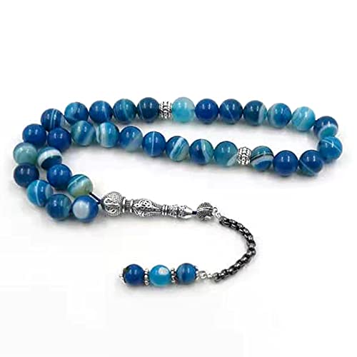 Tasbih Natural Agate Stone Muslim Rosary Prayer Beads Blue Misbaha Man Bracelet (8mm x 99beads) - size: 8mm x 99beads