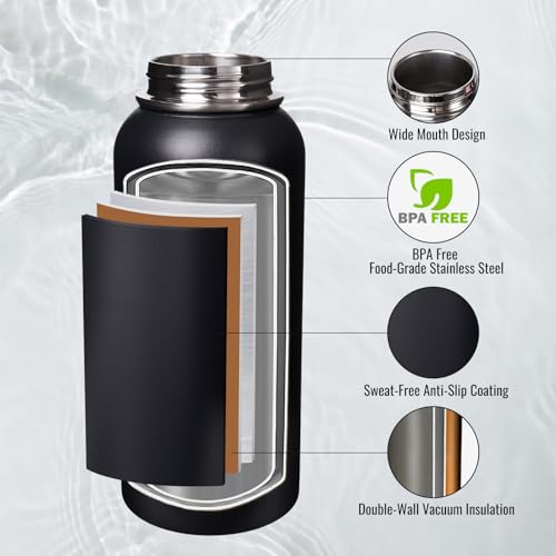 Fijinhom Insulated Water Bottle with Handle, 304 Stainless Steel Water Bottles with Wide Mouth, Double Wall Vacuum Sports Water Bottle, BPA Free, Keep Cold and Hot, 32 Ounces Black - color: Black, size: 32 Ounces