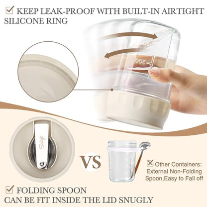 SOLIGT Overnight Oats Containers with Lids, Folding Spoons and Divided Compartment for Fruit & Nuts, Small Glass 16oz Mason Jars for Oatmeal Yogurt Parfait (2 Set-Smoke Gray/Oat White) - color: 2 Set-Smoke Gray/Oat White