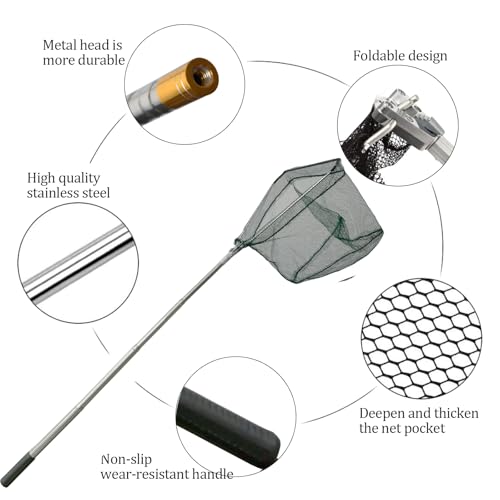 Fishing Landing Net with Stainless Steel Telescoping Pole 74.8" Long Handle,Rubber Coated Nylon Mesh,for Steelhead,Salmon,Kayak,Catfish,Bass,Trout,Shrimp,Crab,for Easy Catch & Release,74.8 inch - style: 61" Stainless Steel Handle-stronger
