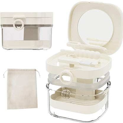 Denture Case Retainer Cleaning Case with Retainer Removal Tool and Brush, No-Leak Denture Bath Box Cup, Complete Clean Care for Clear Braces, Mouth Guard, Night Guard & Retainers (White)