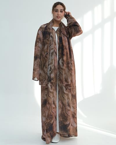 Modest Cardigan Set Women Muslim Dress with Soft Hijab Scarf Islamic Outfits Open Abaya For Eid, Ramadan, Umrah, Hajj - color: Coffee, size: XL(58)