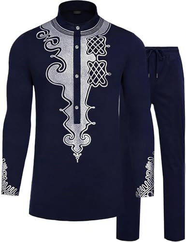African Suits for Men African Outfits Dashiki Metallic Printed Suit - color: Navy Silver, size: Medium