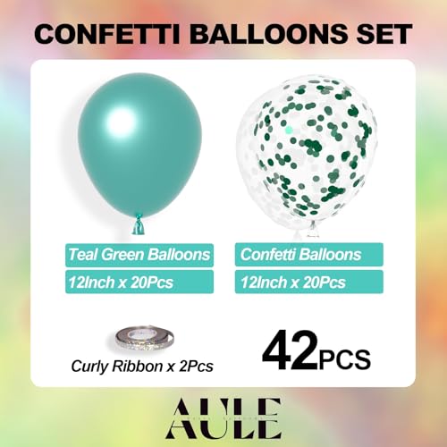 AULE Party Balloons Pack of 42 - Metallic Green Balloons & Confetti Balloons and 64ft Ribbons - 12 Inch Teal Green Balloon Decorations Set - color: Green