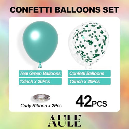 AULE Party Balloons Pack of 42 - Metallic Green Balloons & Confetti Balloons and 64ft Ribbons - 12 Inch Teal Green Balloon Decorations Set - color: Green