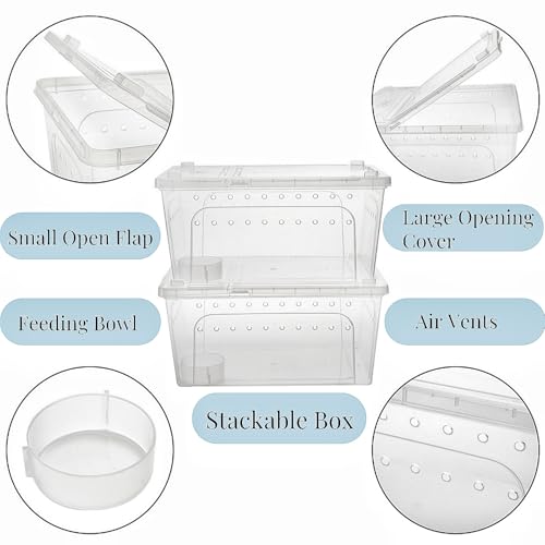 Tlence 2 Pack Critter Keeper, 12.6"x8.7"x6" Clear Plastic Enclosure Terrarium, Portable Transport Container with Feeding Bowl, Small Hatching Container with Ventilated Lid for Snake, Lizard, Gecko