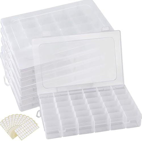 6 Pack 36 Grids Plastic Bead Organizer Box with Dividers and 600 PCS Label Stickers, Clear Small Tackle Box Part for Craft and Bead Storage