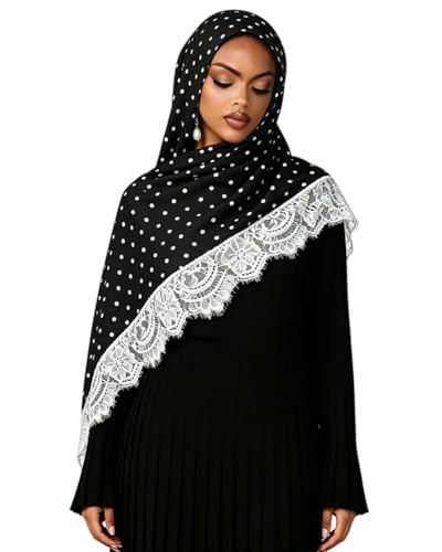 JUMISEE Elegant Floral Lace Hijab Scarf for Women Soft Cotton Head Wrap Instant Hijab Long Scarves Evening Dress Shawl - color: Black Polka Dot