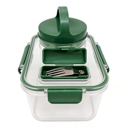 Salad Jar, Portable Salad Container with Leakproof 4 Sauce Cups and Utensil Storage for Lunch Picnic Family Gatherings (Rectangle)