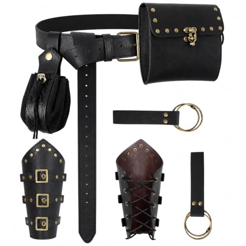 7-Piece Renaissance Belt Pouch Set with Faux Leather Bracers and Skirt Hikes, Medieval Costume Accessories for Rangers, Rogues, Hunters & Adventurers, LARP, Ren Faire, Halloween and Cosplay - color: Black F