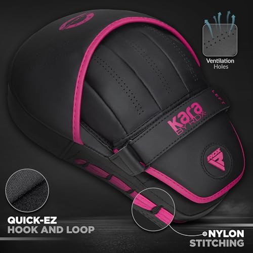 RDX Boxing Pads Curved Focus Mitts, Maya Hide Leather Kara Hook and jab Training Pads, Adjustable Strap Ventilated, MMA Muay Thai Kickboxing Coaching Martial Arts Punching Hand Target Strike Shield - color: Pink