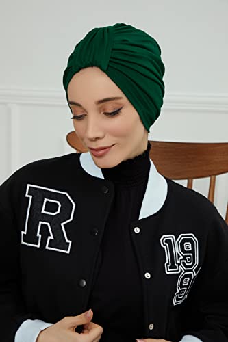 Aisha's Design Instant Turban Plain Cotton Scarf Head Wrap Lightweight Hat Bonnet Cap for Women - color: Dark Green
