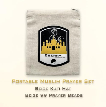 ESERRA Kufi Hats for Men and Women with 99 Tasbih Prayer Beads, Muslim Thick Breathable Skull Cap, Tasbeeh, Prayer Cap - color: Beige