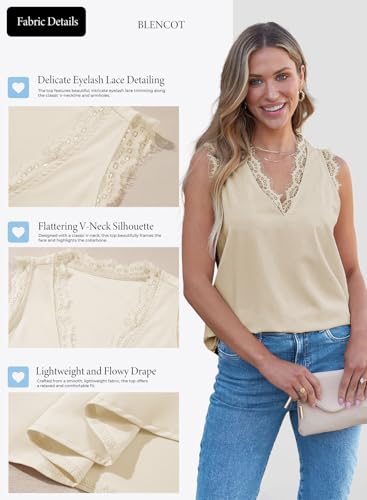 BLENCOT Women Lace Trim Tank Tops Summer V Neck Fashion Shirts | Sleeveless Blouse Business Casual Vacation Outfits Vest Spring Clothes - color: Apricot, size: X-Large