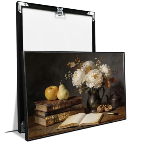 Vintage White Peony Fruit Canvas Wall Print Antique Leather Book Metal Pitcher Quill Pen Classic Still Life Farmhouse Wall Decor - color: Nature18, size: 8x12in Black Framed