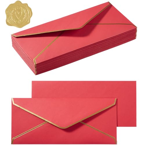 100 Pack #10 Business Envelopes with Gold Stickers, Red | Self Seal Standard Envelopes with Gold Border, 4 1/8 x 9 1/2 Inches, For Office, Checks, Letter Mailing, Invoices - color: Red