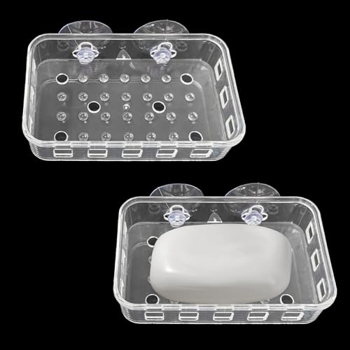 2 Pack Suction Cup Soap Dish Holder Soap Case Clear Acrylic Plastic Wall Mounted Shower Soap Holder Bathroom Kitchen Accessory Securely Holds Bar Soap, Sponge, and Toiletries