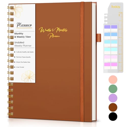 Undated Weekly and Monthly Planner, B5 Large Weekly To Do List Notebook with Goal & Habit Tracker Organizer, Hardcover Spiral Bound Blank Monthly Planner for Work School Home 7.4" x 9.64" Brown - color: Brown