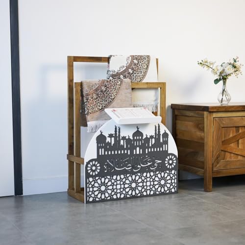 Elegant Wooden Quran Stand & Prayer Mat Holder – Islamic Home Décor, Prayer Rug Organizer, Ramadan & Eid Gift, Decorative Wooden Islamic Accessories, Quran Display Holder for Mosque Home White-Silver - color: White-silver