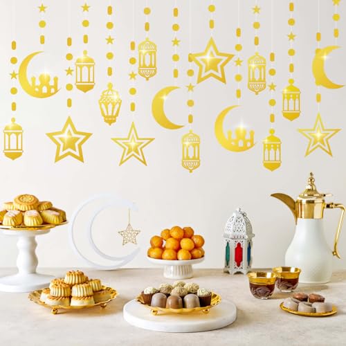 16pcs Ramadan Decorations Gold Star Moon Lantern Garland Pre-Assembled Shining Hanging Ramadan Mubarak Eid Decorations Banner Streamer for Eid Mubarak Decor Home Party Supplies