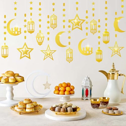 16pcs Ramadan Decorations Gold Star Moon Lantern Garland Pre-Assembled Shining Hanging Ramadan Mubarak Eid Decorations Banner Streamer for Eid Mubarak Decor Home Party Supplies