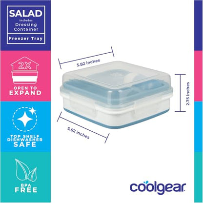 COOL GEAR 2-Pack Large Expandable To-Go Salad Kit Lunch Containers - Square - 52 oz Bowl with 3 Compartments for Toppings and Salad Dressing Bottle | Bento Meal Prep
