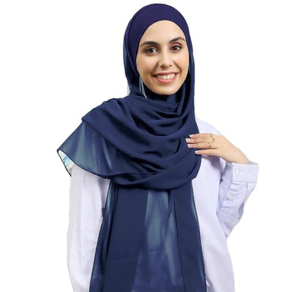 Instant Chiffon Hijab Set 3-in-1 Hijabs Scarf with Built-in Magnets and Undercap Head Wraps with Modal Cap - color: Navy 12#