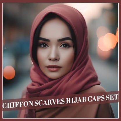 4 Pcs Women Solid Chiffon Hijab Scarves and Undercap Set Long Shawl Soft Wrap Scarves Muslim Inner Hijab Caps - color: Black, Coffee