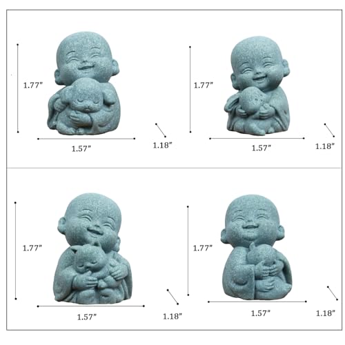 4pcs Mini Buddha Statue with Animal Companion, Aquarium Decor, Feng Shui Zen Monk Sandstone Sculpture, Cute Small Fish Tank Ornament for Home Garden, Buddha Decoration