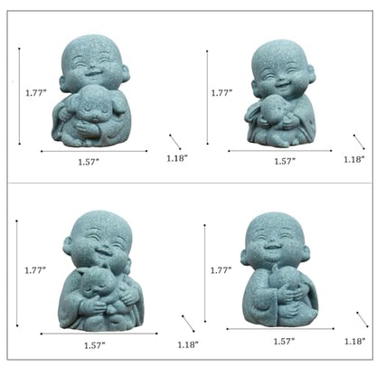 4pcs Mini Buddha Statue with Animal Companion, Aquarium Decor, Feng Shui Zen Monk Sandstone Sculpture, Cute Small Fish Tank Ornament for Home Garden, Buddha Decoration
