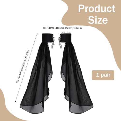 Long Tulle Bell Sleeves for Women, Women's Victorian Long Tulle Gloves with Adjustable Tie Strings - color: Black
