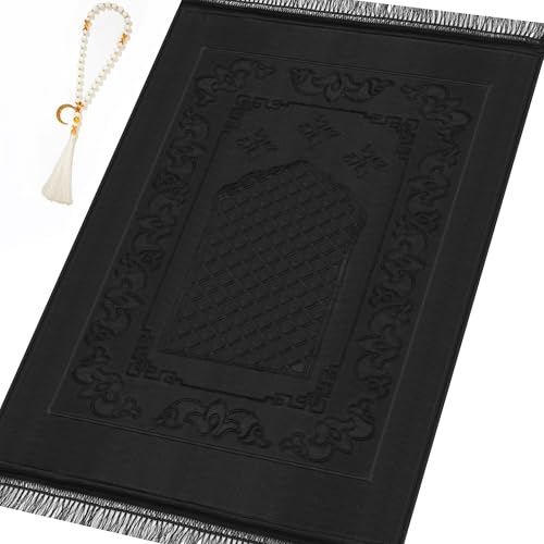Muslim Prayer Rug with Tasbih Prayer Beads, Soft Large Prayer Matt Islam, Padded Islamic Prayer Mat Thick for Men and Women, Janamaz, Sajadah (Black) - color: Black