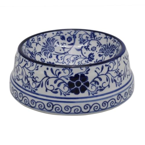 Aimusego Ceramic Dog Bowl 6.7" for Small Dogs and Cats Porcelain Chinoiserie Food and Water Bowls Dish for Pet, Pet Feeder Bowl, Microwave & Dishwasher Safe, Blue & White Floral - color: Blue six-petaled flower scrolls, size: Small (11OZ)