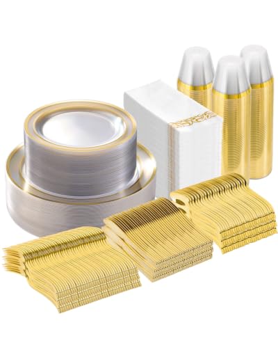 Goodluck 350 Pieces Clear Gold Disposable Dinnerware Set for 50 Guests - color: Clear Gold, style: 50 Guests