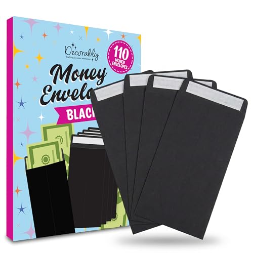 Decorably 110 Pack Black Cash Envelopes for Money, 6.5 x 3.5in with Self-Adhesive, thick 100GSM, Coins, Tip, Gift, Trinkets, Small Items, Banking, Business, Jewelry - color: Black