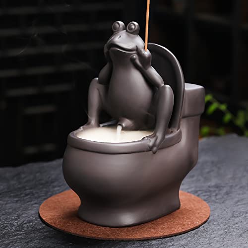 ChangWanna Frog Incense Holder Burner - Ceramic Cone Backflow Incense Burner Smoke Fountain, Back Flowing Incense Diffuser with 45 Sticks & 15 Cones, Frog Ornament for Aromatherapy/Yoga/Home Decor - color: Frog Toilet Black