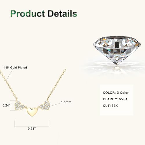 Moissanite 3-Heart Pendant Necklace for Women | 0.3CTTW D Color VVS1 Moissanite 14K Gold Plated Eternal Heart Pendant for Wife Mom Birthday Jewelry Gifts - color: Gold