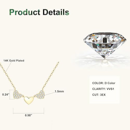 Moissanite 3-Heart Pendant Necklace for Women | 0.3CTTW D Color VVS1 Moissanite 14K Gold Plated Eternal Heart Pendant for Wife Mom Birthday Jewelry Gifts - color: Gold