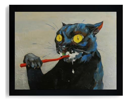 ICHZUMW Framed Funny Black Cat Bathroom Decor Canvas Wall Art, 8x10 Inches - color: Toothbrush Cat, size: 10"L x 8"W