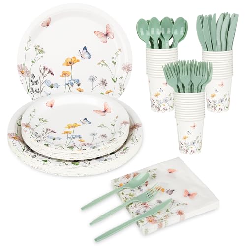 175 Pcs Wildflower Paper Plates and Napkins for 25 Guests | Spring Summer Floral Arrangements Party Tableware for Baby Shower Wedding Birthday Garden Tea Party Supplies - color: Wildflower