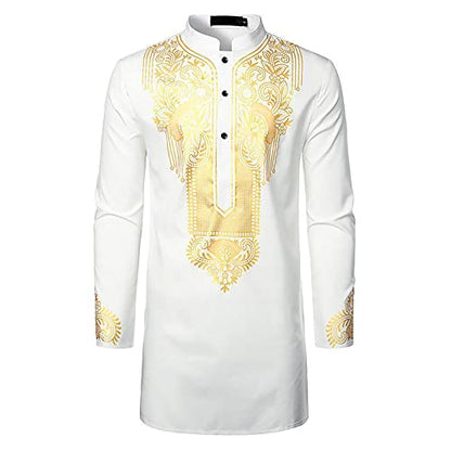 Kurta for Men Muslim Kaftan Button Up Henley Shirts Casual Ethnic Printed Long Sleeve Thobe Caftans Robes - color: White, size: Large