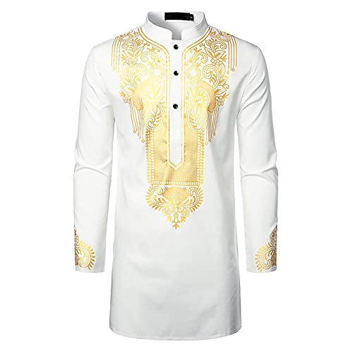 Kurta for Men Muslim Kaftan Button Up Henley Shirts Casual Ethnic Printed Long Sleeve Thobe Caftans Robes - color: White, size: X-Large