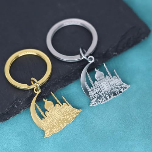 Mosque with Crescent Pendant Keychain for Women Men Muslim Jewelry Fashion Keyring Stainless Steel Islamic Key Chain Gift - color: Silver