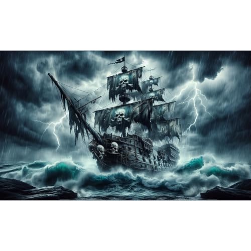 Haunted Black Pearl Pirate Ship Aquarium Background Huge Horrible Waves Lighting Ripped Sales Stormy Sea Ocean Fish Tank Background Broken Ship Skull Sail Terrarium Backgrounds for Tank Decors 24x12in - color: Misty Dark, size: 24(W)x12(H)inches/ 60(W)*30
