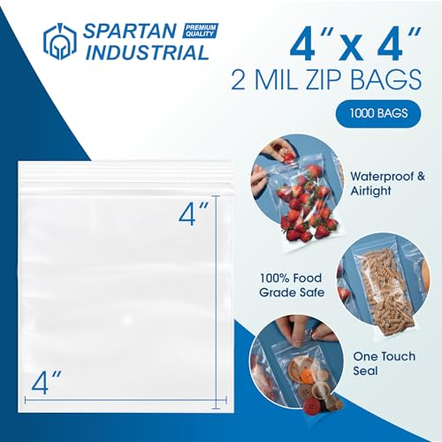Spartan Industrial - 4” X 4” (1000 Count) 2 Mil Clear Reclosable Zip Plastic Poly Bags with Resealable Lock Seal Zipper - size: 4” X 4”