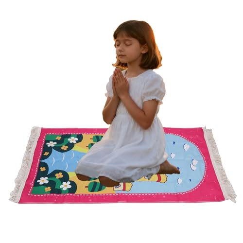 Pssopp Pray Rug for Kids, Thick and Soft Convenient to Carry Not Easy Fade Children Meditation Mat with Tassel Pray Beads Pendant Cylinder for Worship (Pink) - color: Pink