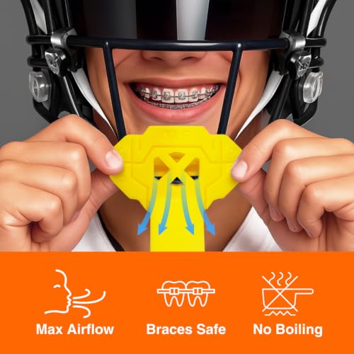 SLEEFS X Yellow Football Mouth Guard - Lip/Mouthguard with Helmet Strap - Lip/Teeth Protector Mouthpiece - Moldable - for Youth/Adults, Men & Women Mouth Guard, Maximum Air Flow, Lacrosse, All Sports - color: Yellow